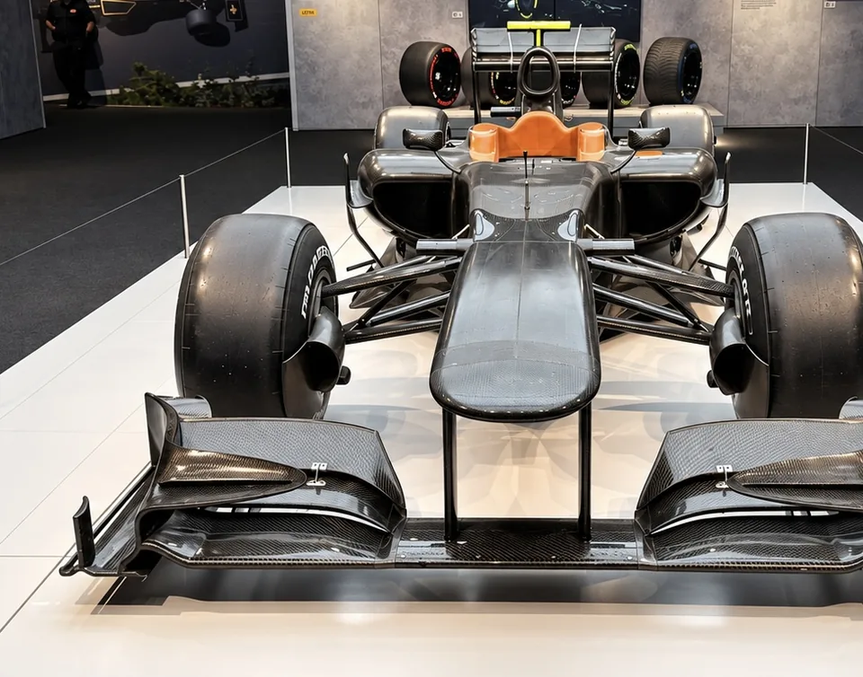 Bare carbon Formula 1 car seen head on with front wing and wheels fitted