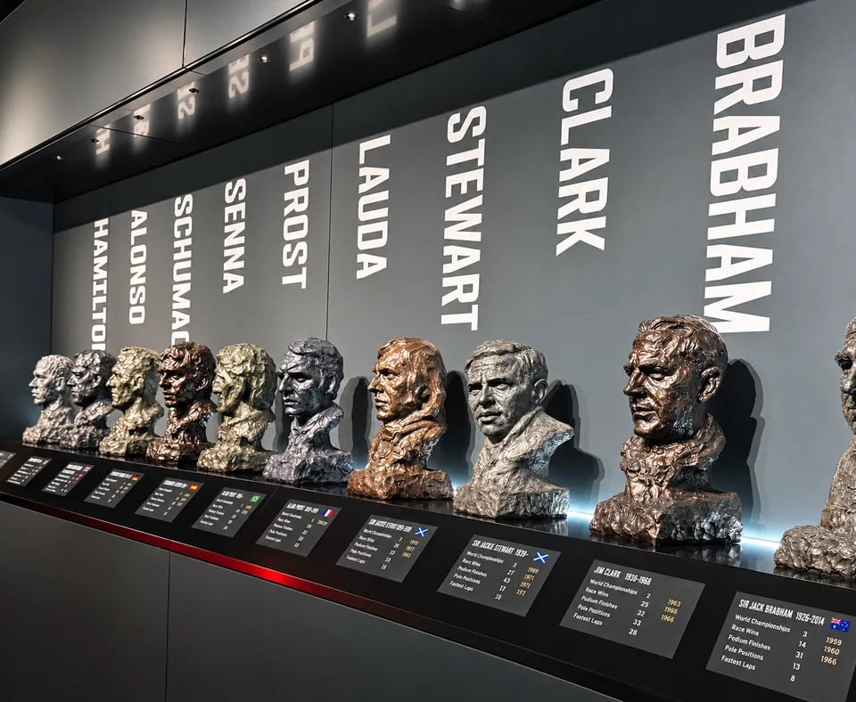 Row of bronze and silver busts of Formula 1 world champions along a lit wall