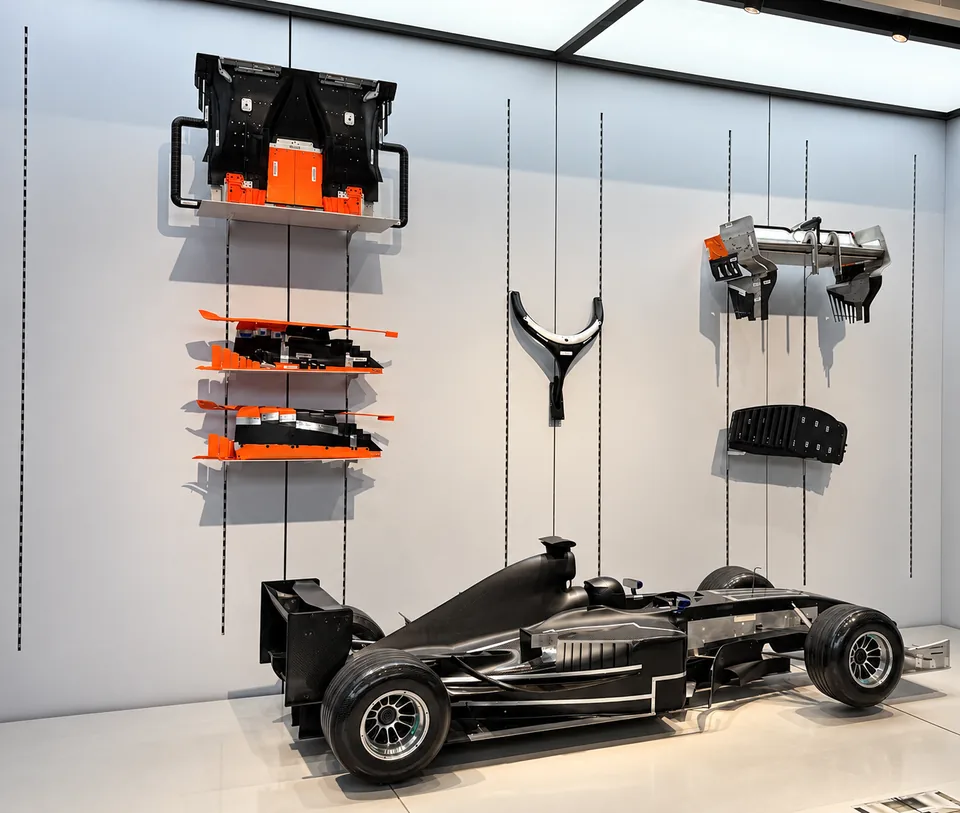 Formula 1 components mounted on a wall above a bare carbon car