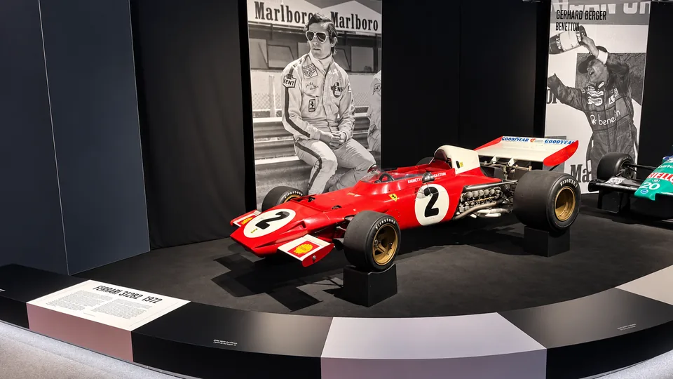 Red Ferrari 312B2 from 1972 on a display plinth